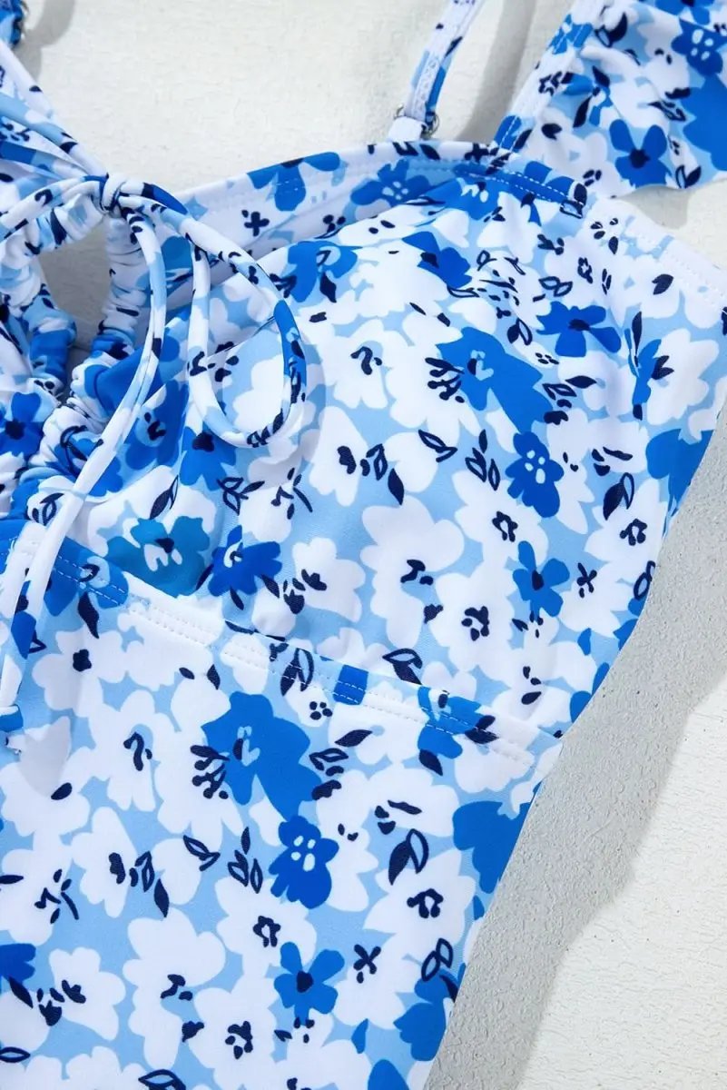 Blue Bohemian Floral Ruffled Lace-Up One-Piece Swimsuit - Love Salve